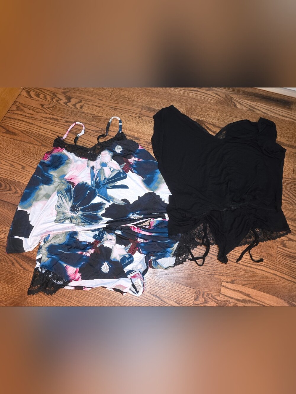 Cacique Floral Satin Cami with Black Lace Shorts